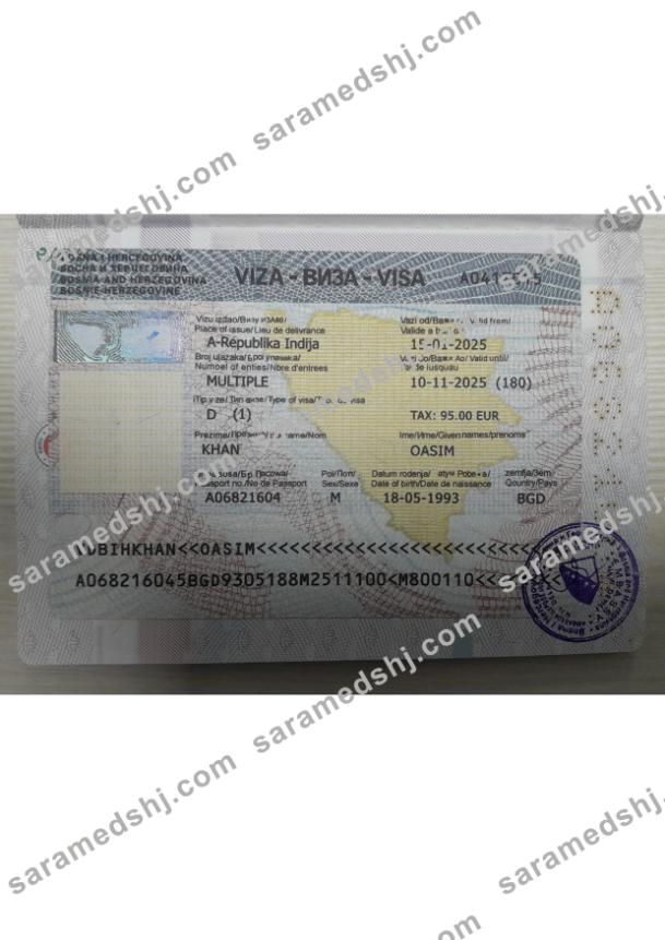Bosnia and Herzegovina travel visa with passport page